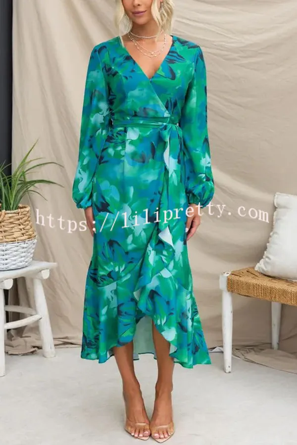 Colour Bloom Floral Print Wrap Belt High Low Maxi Dress