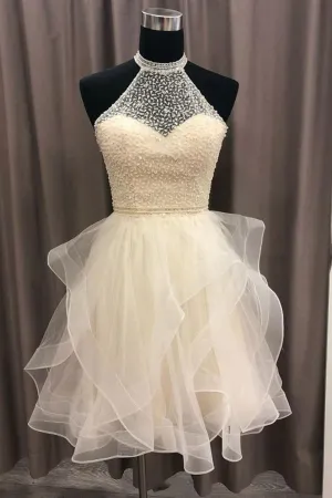 Cute Open Back Champagne Beaded Short Prom Dress, Fluffy Champagne Beaded Homecoming Dress, Short Champagne Formal Evening Dress
