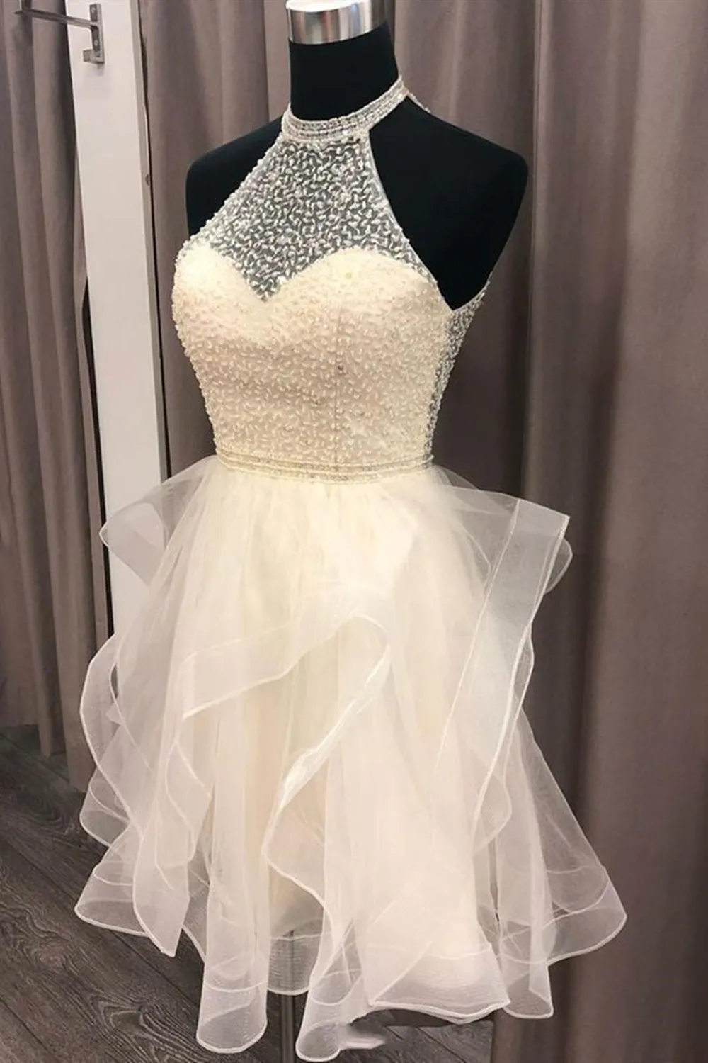 Cute Open Back Champagne Beaded Short Prom Dress, Fluffy Champagne Beaded Homecoming Dress, Short Champagne Formal Evening Dress