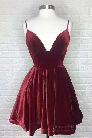 Cute V Neck Backless Burgundy Velvet Short Prom Homecoming Dress Backless Maroon Formal Graduation Evening Dress