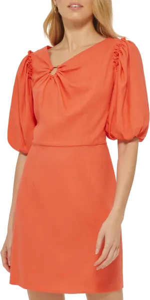 DKNY Short Sleeve Linen Hoop Midi Dress in Persimmon
