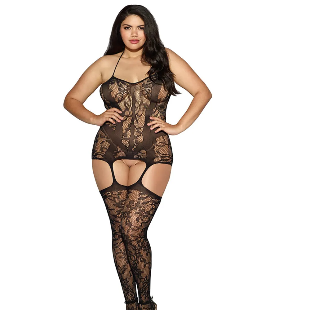 Dreamgirl Lace Fishnet Halter Garter Dress With Opaque Bodice Style Lines Black Queen