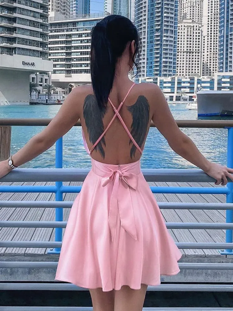 DressBetty - Satin Sexy Backless Party Night Club Wrap Mini Dress