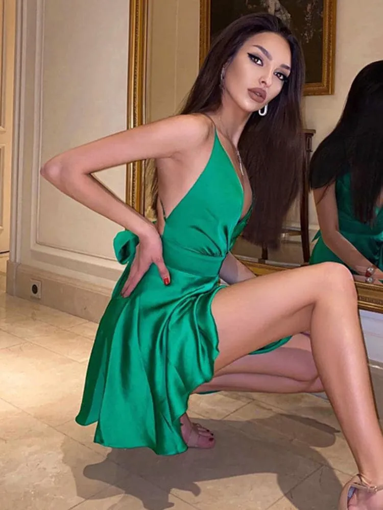 DressBetty - Satin Sexy Backless Party Night Club Wrap Mini Dress