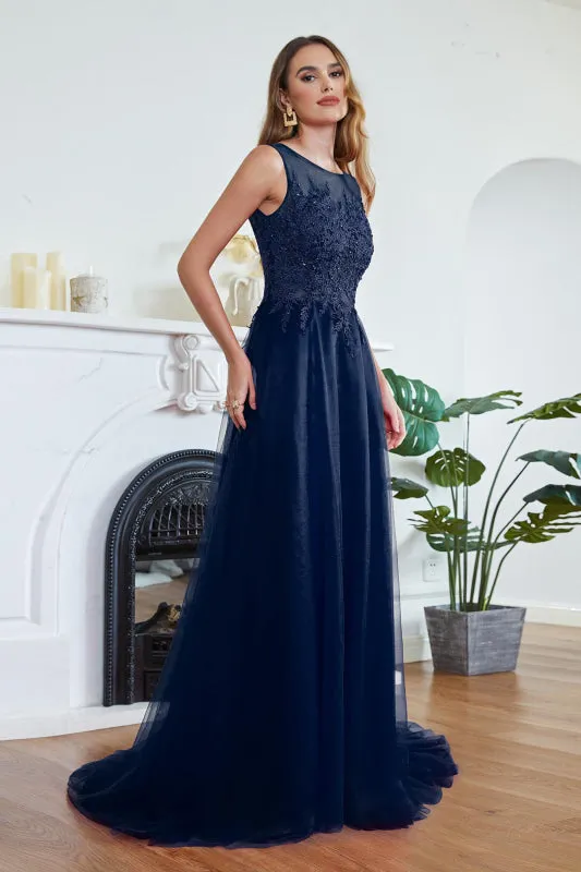 Elegant Tulle Lace Aline Evening Dress Sleeveles Beading Special Occasion Dress