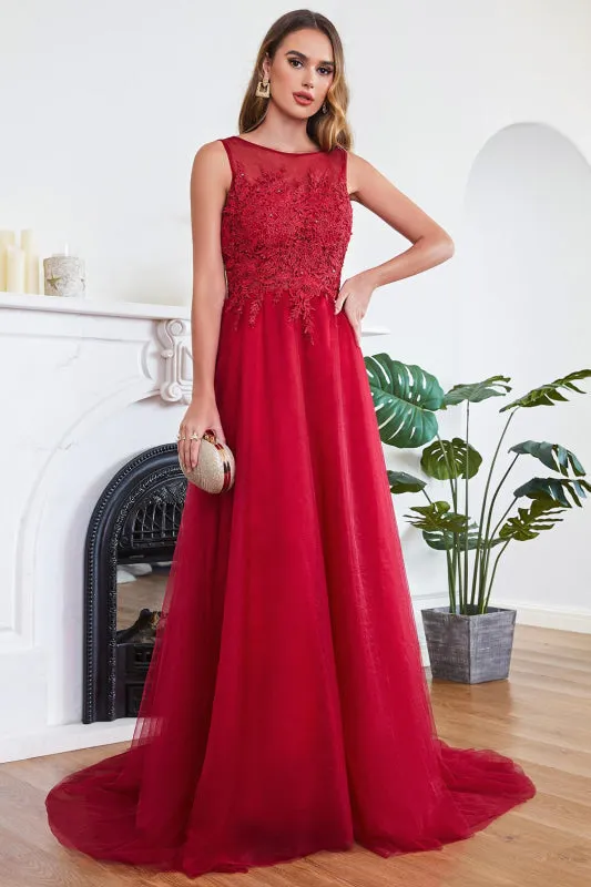 Elegant Tulle Lace Aline Evening Dress Sleeveles Beading Special Occasion Dress