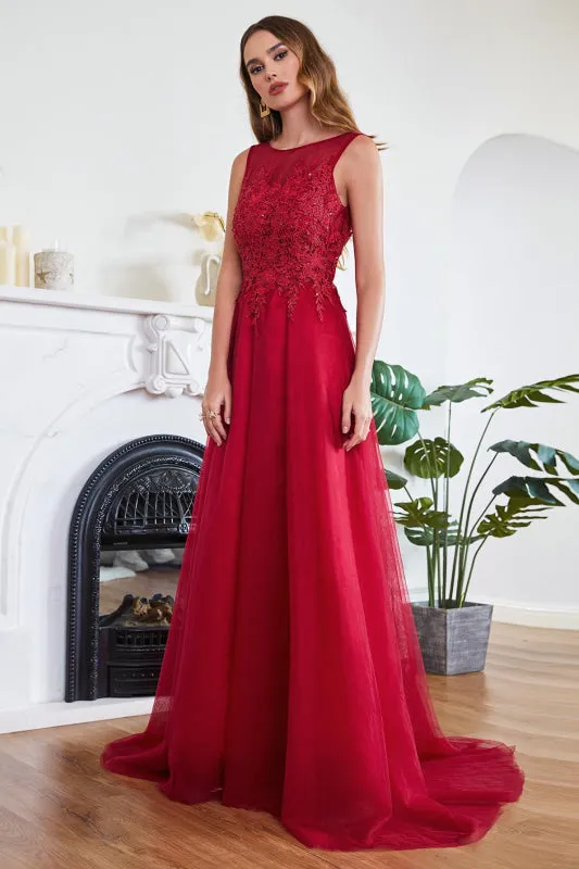Elegant Tulle Lace Aline Evening Dress Sleeveles Beading Special Occasion Dress