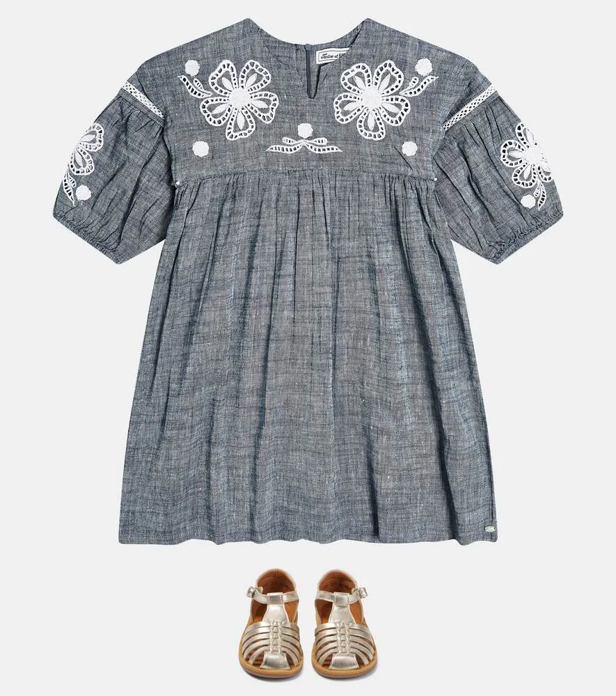 Embroidered linen and cotton dress Tartine et Chocolat, gray