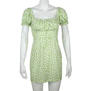 Floral Printed Vintage Short Casual Short Sleeve Bodycon Ladies Elegant Ruched Summer Mini Dress