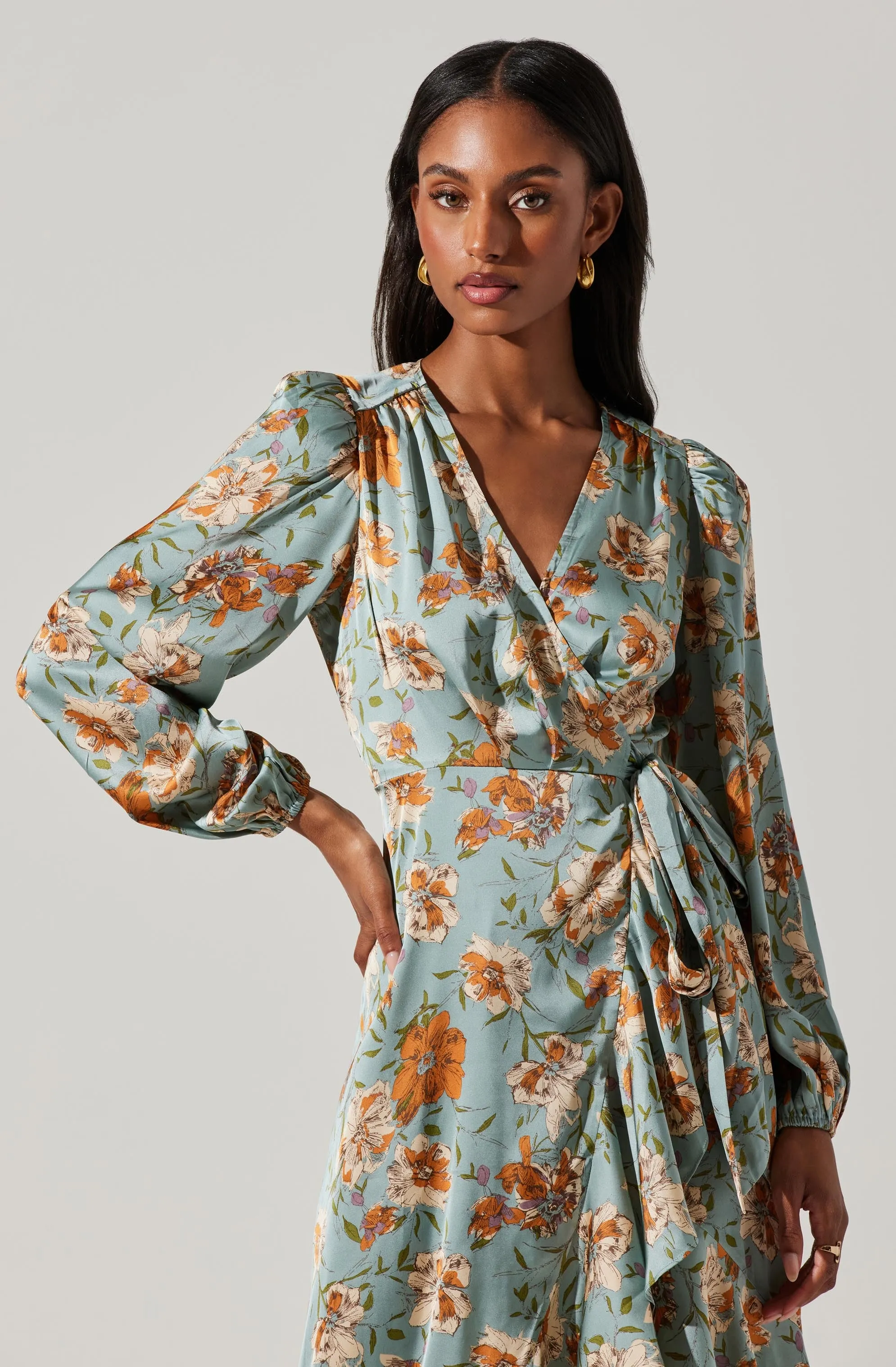 Floral Satin Wrap Long Sleeve Midi Dress