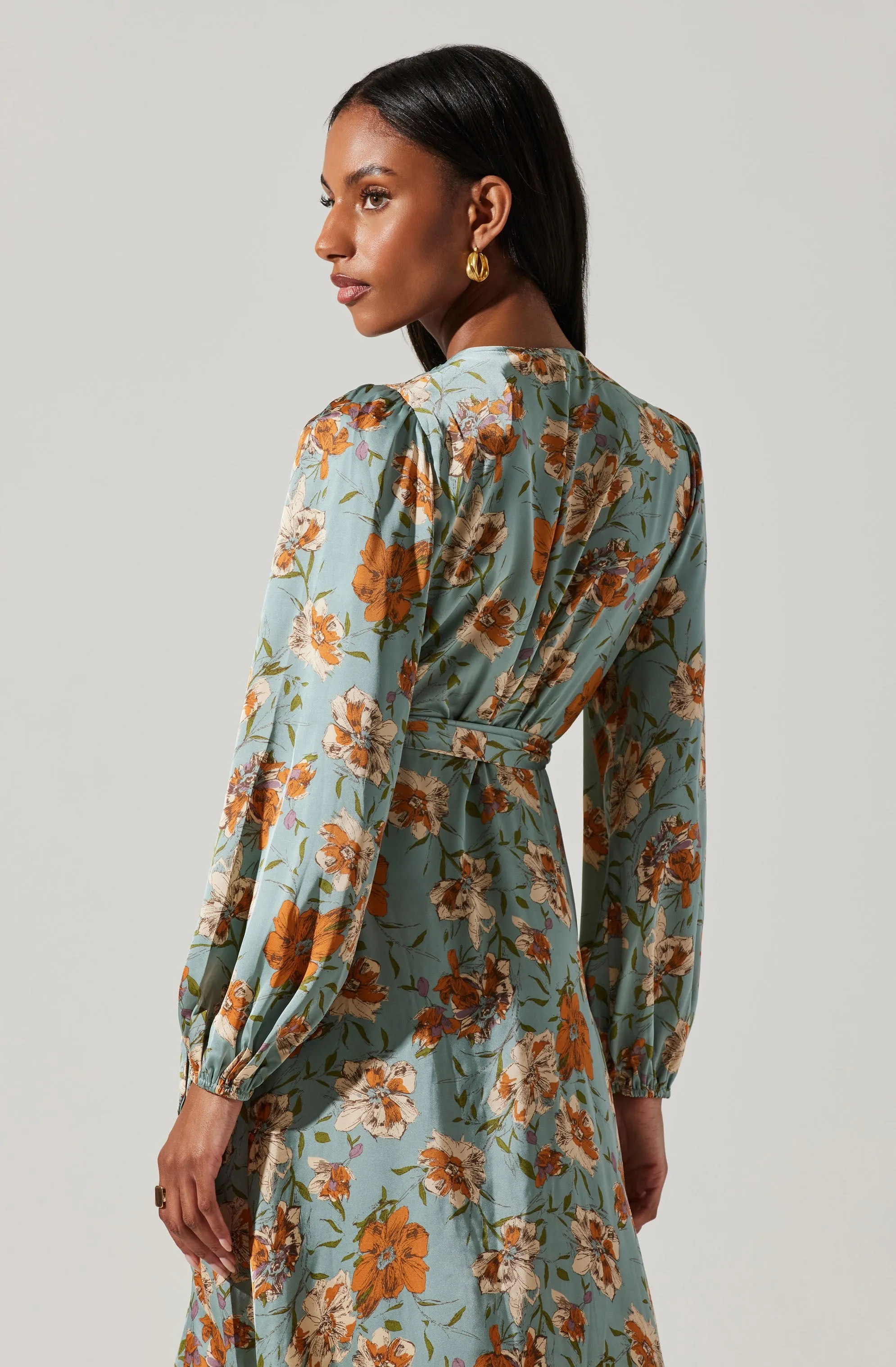 Floral Satin Wrap Long Sleeve Midi Dress