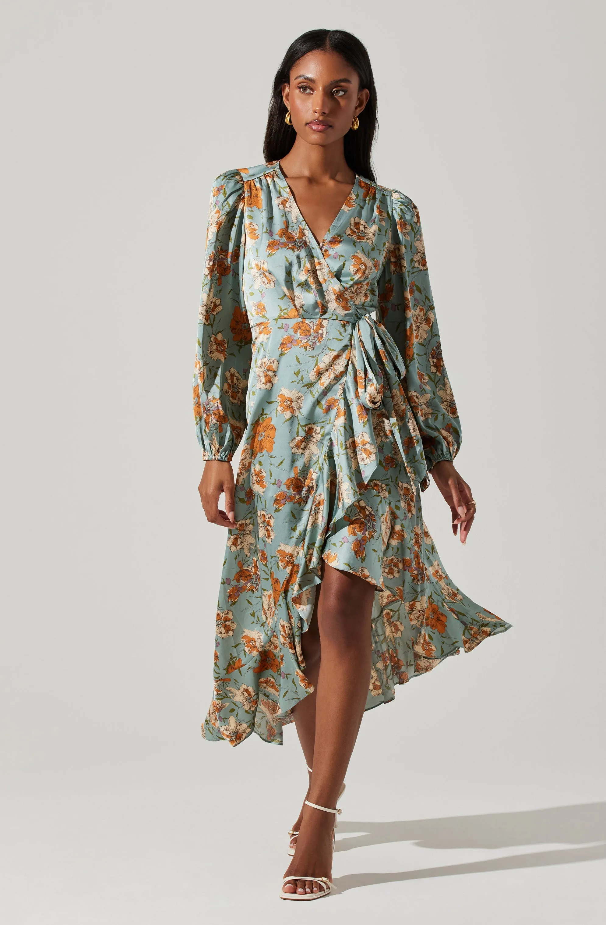 Floral Satin Wrap Long Sleeve Midi Dress