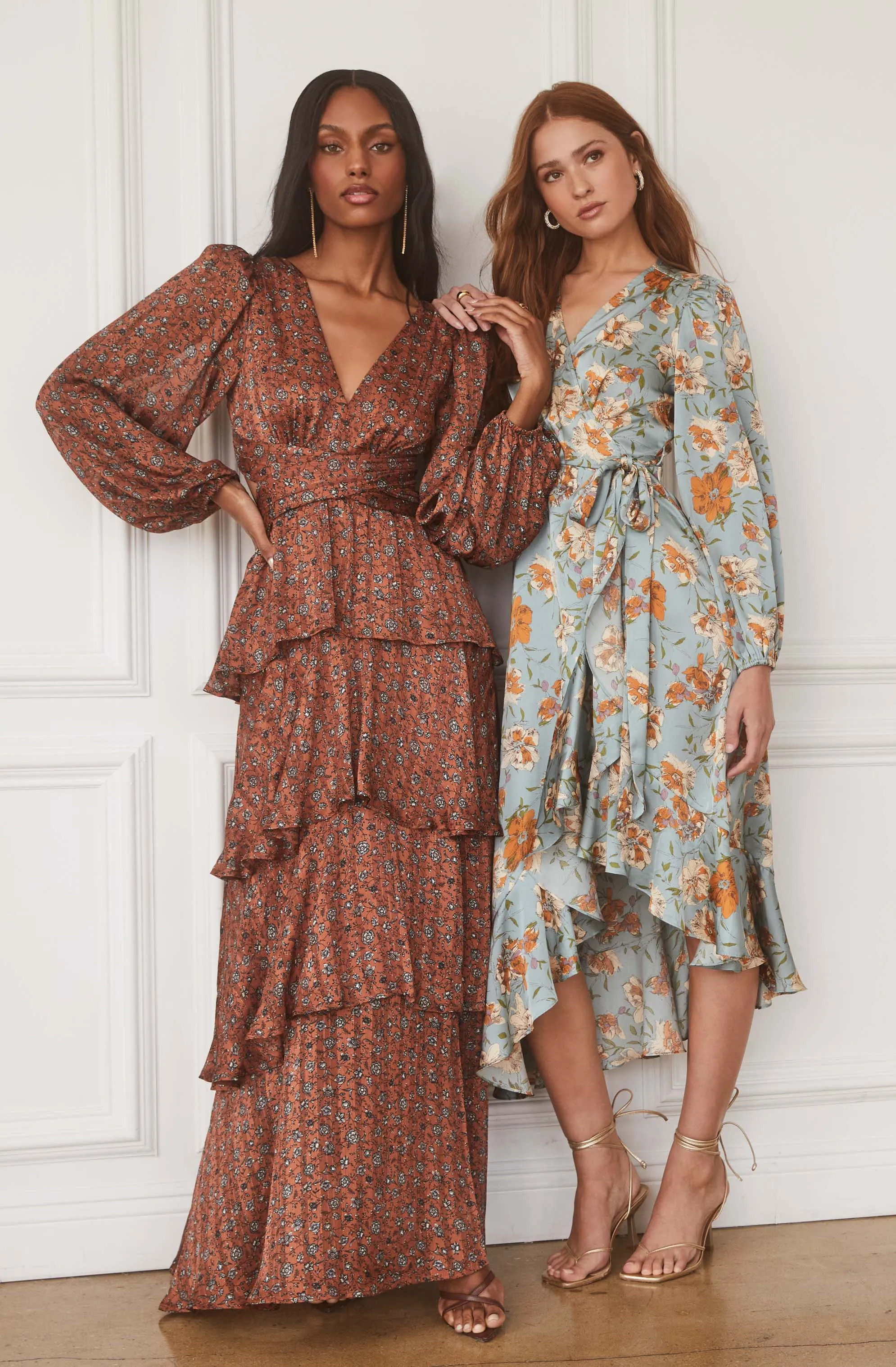 Floral Satin Wrap Long Sleeve Midi Dress
