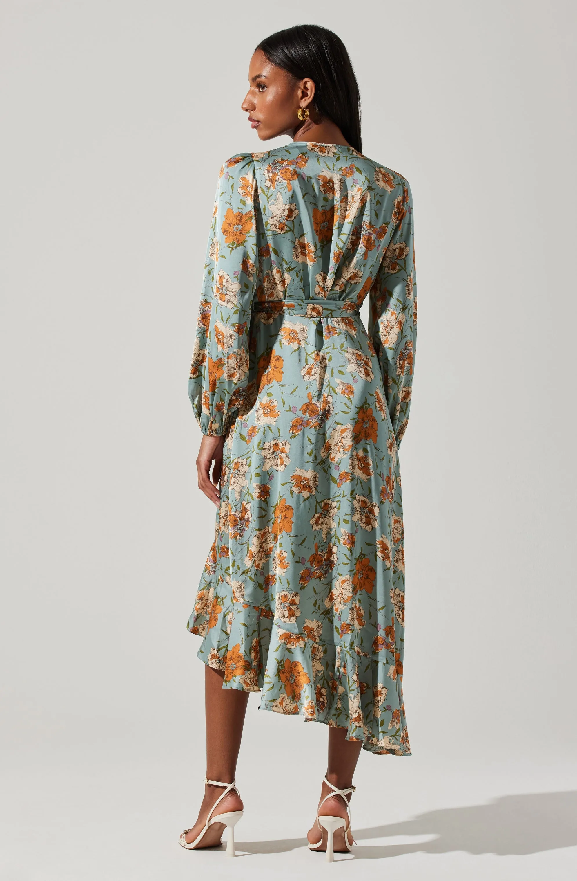 Floral Satin Wrap Long Sleeve Midi Dress