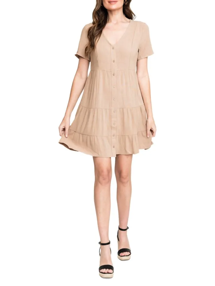 Gibsonlook Linen Blend Tiered Tiered Mini Dress in Latte