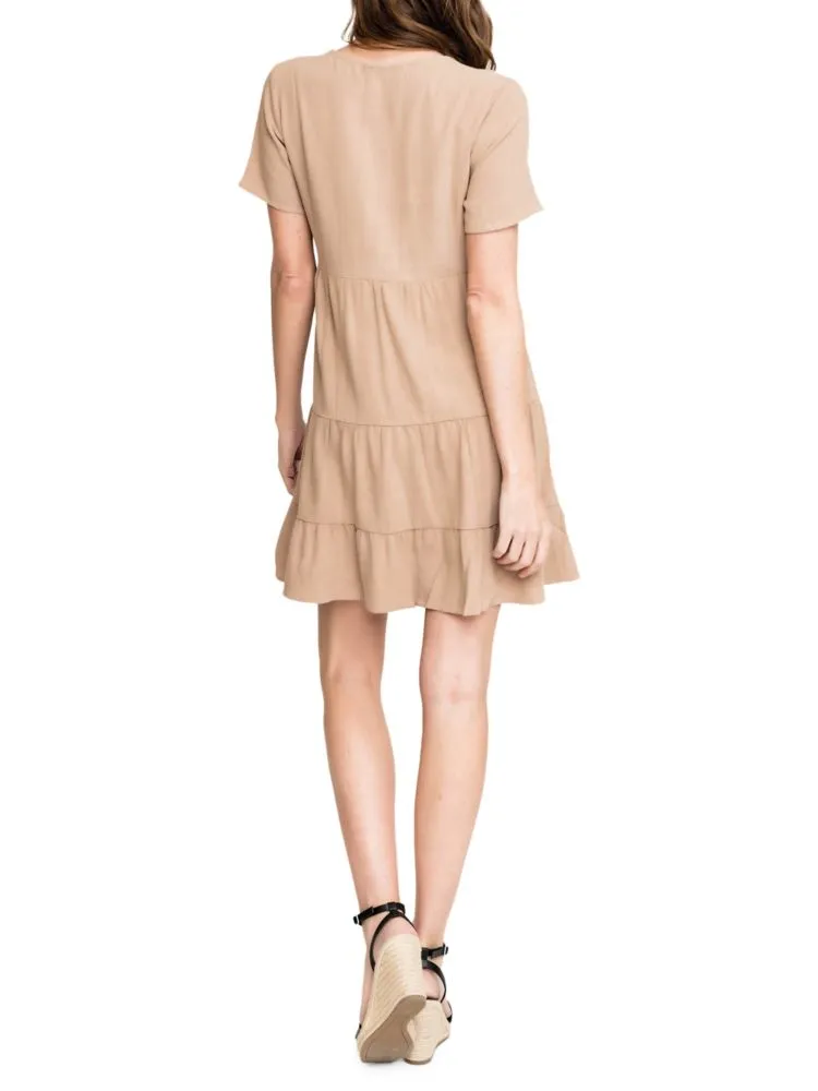 Gibsonlook Linen Blend Tiered Tiered Mini Dress in Latte