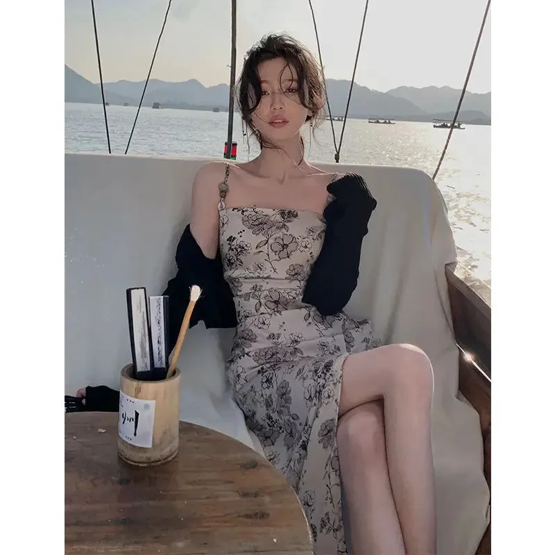 Girlary Beach Vacation Mid Length Dress Women Printed Sleeveless Strap Split Vestidos French Vintage Slim Bodycon Dress for Women