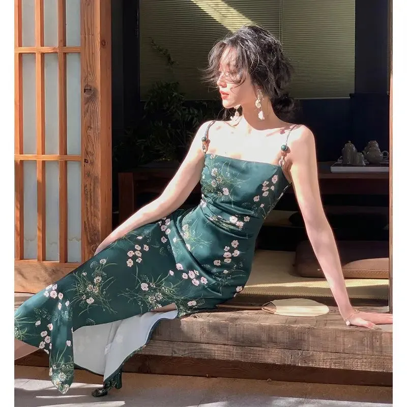 Girlary Beach Vacation Mid Length Dress Women Printed Sleeveless Strap Split Vestidos French Vintage Slim Bodycon Dress for Women
