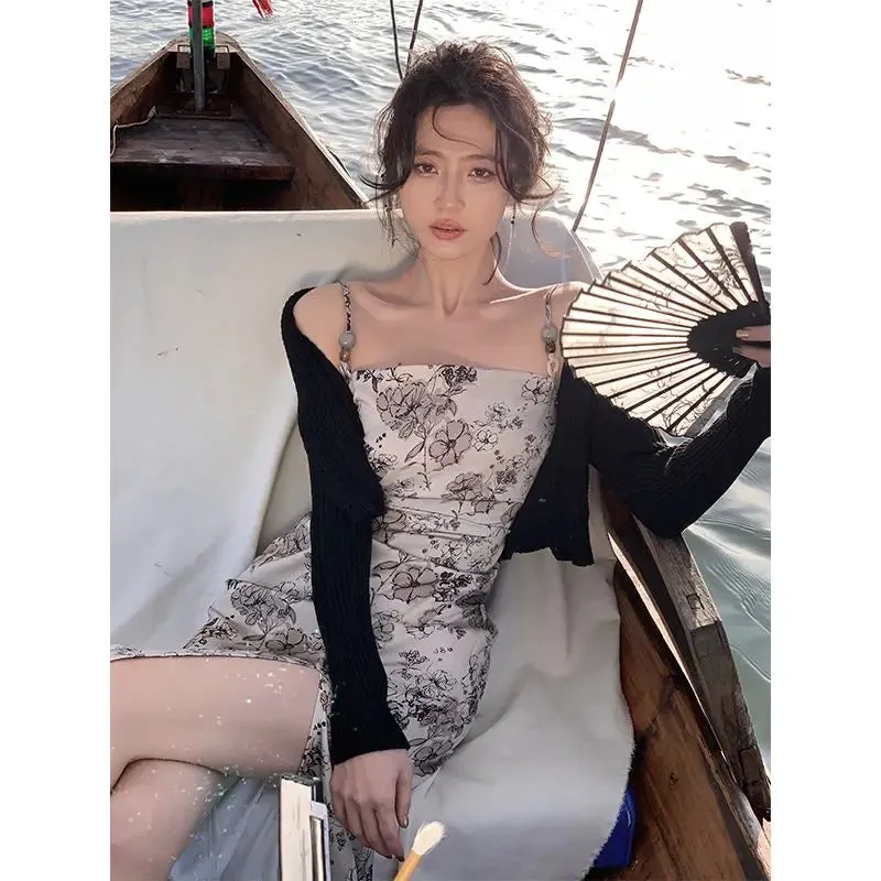 Girlary Beach Vacation Mid Length Dress Women Printed Sleeveless Strap Split Vestidos French Vintage Slim Bodycon Dress for Women