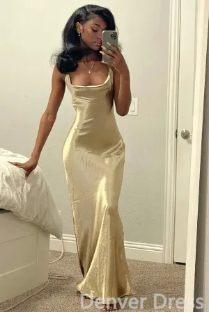 Gold Mermaid Square Sheath Floor-length Long Evening Prom Dresses