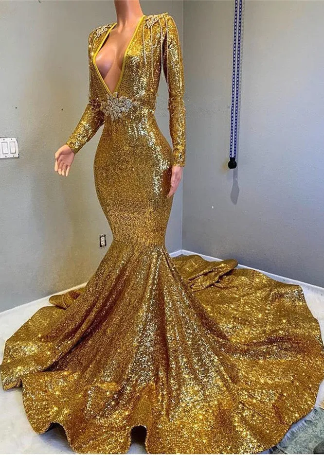 Gorgeous Long Sleeve Gold Sequins Prom Dresses | Mermaid Evening Gowns On Sale BC0959