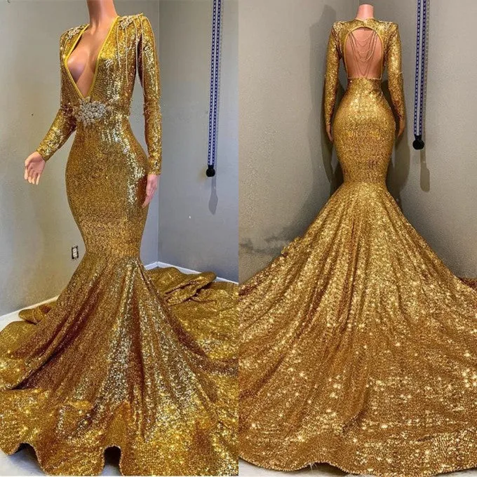 Gorgeous Long Sleeve Gold Sequins Prom Dresses | Mermaid Evening Gowns On Sale BC0959