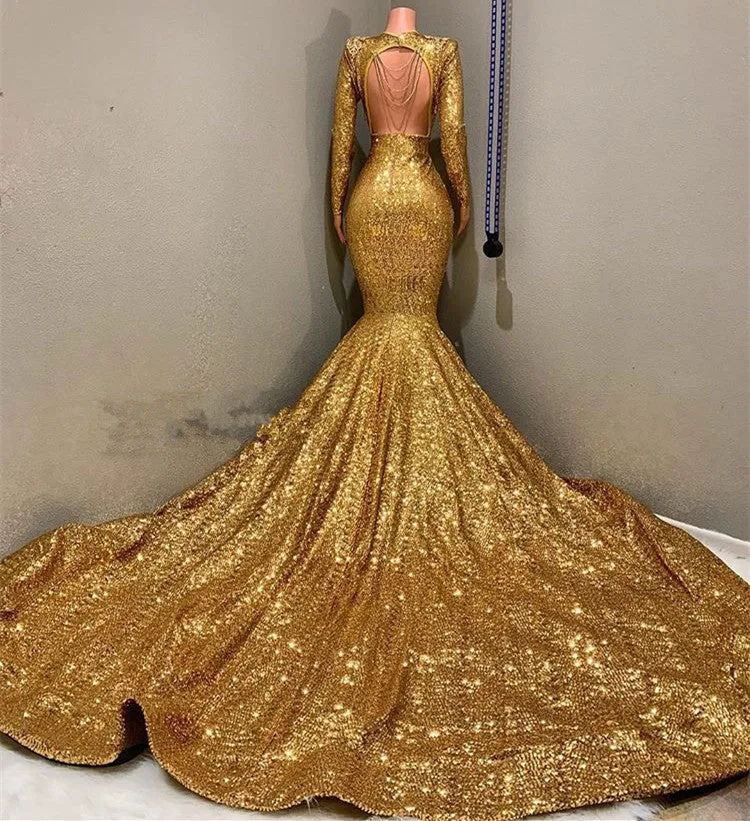 Gorgeous Long Sleeve Gold Sequins Prom Dresses | Mermaid Evening Gowns On Sale BC0959