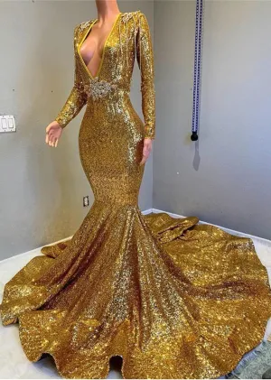 Gorgeous Long Sleeve Gold Sequins Prom Dresses | Mermaid Evening Gowns On Sale BC0959