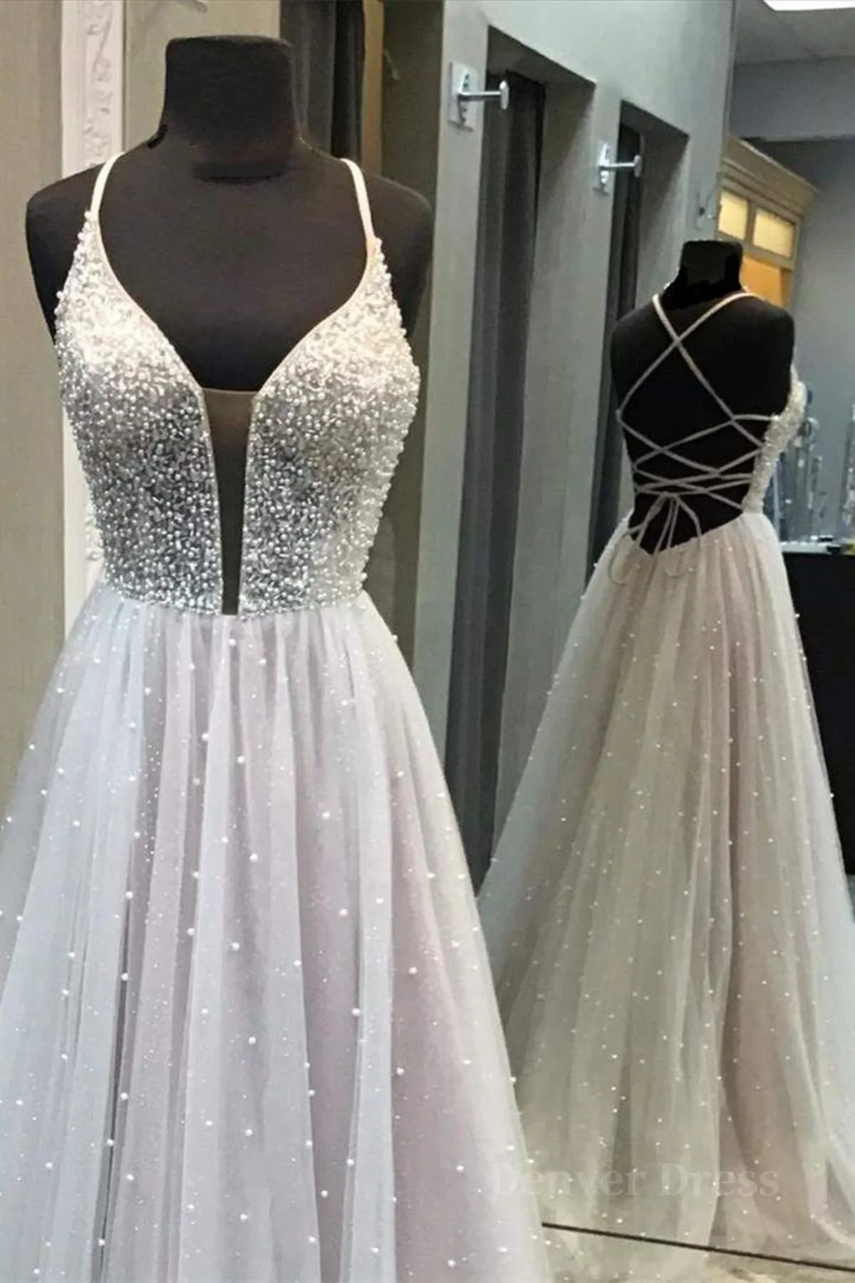 Gorgeous V Neck Backless Beaded Gray Tulle Long Prom Dresses Backless Grey Formal Graduation Evening Dresses