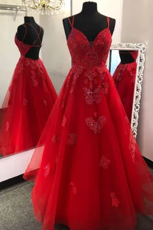 Gorgeous V Neck Backless Red Lace Evening Dress 2025 Backless Red Lace Formal Dresses Red Ball Gown