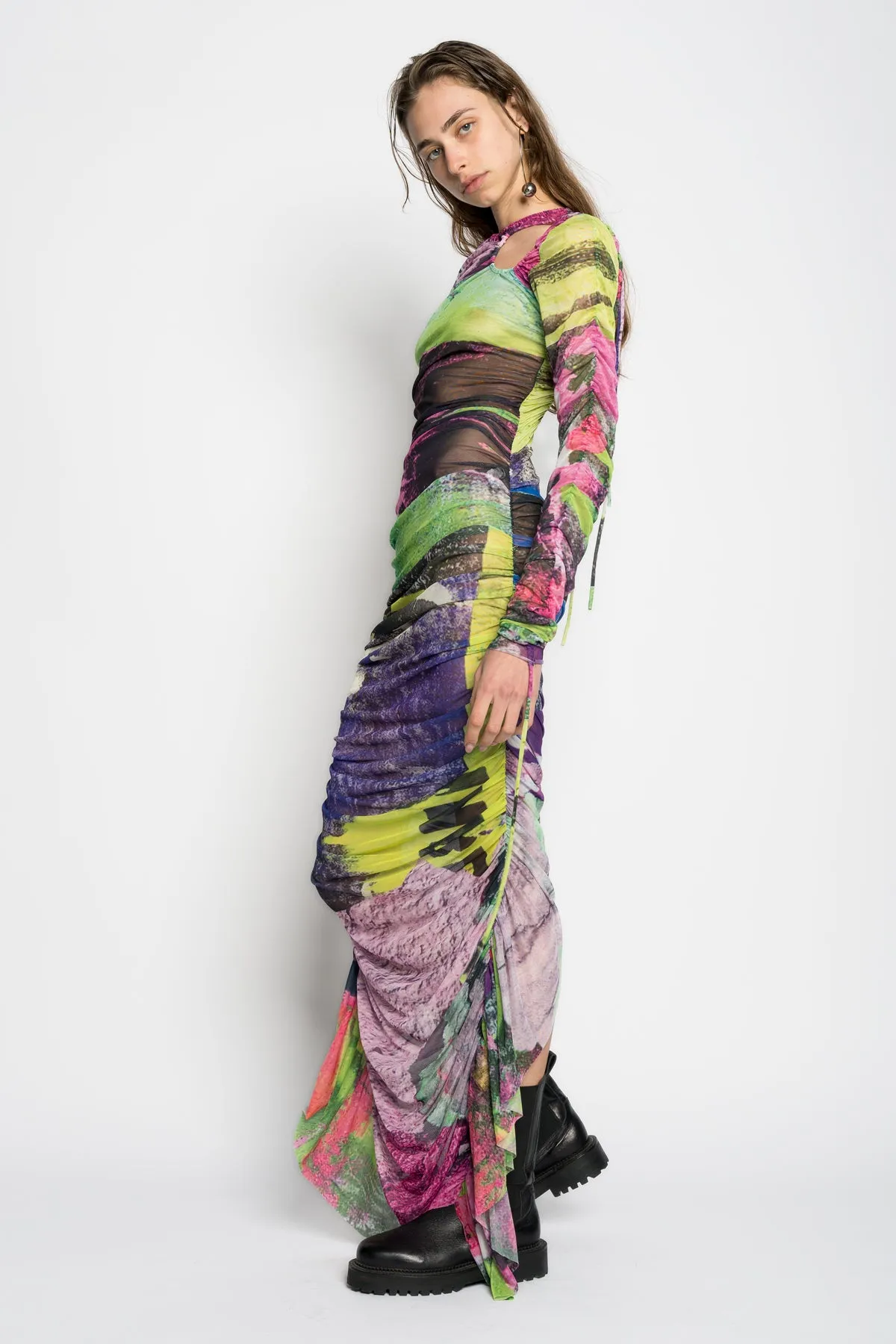 GRAFFITI PRINT LONG GATHERED MESH DRESS