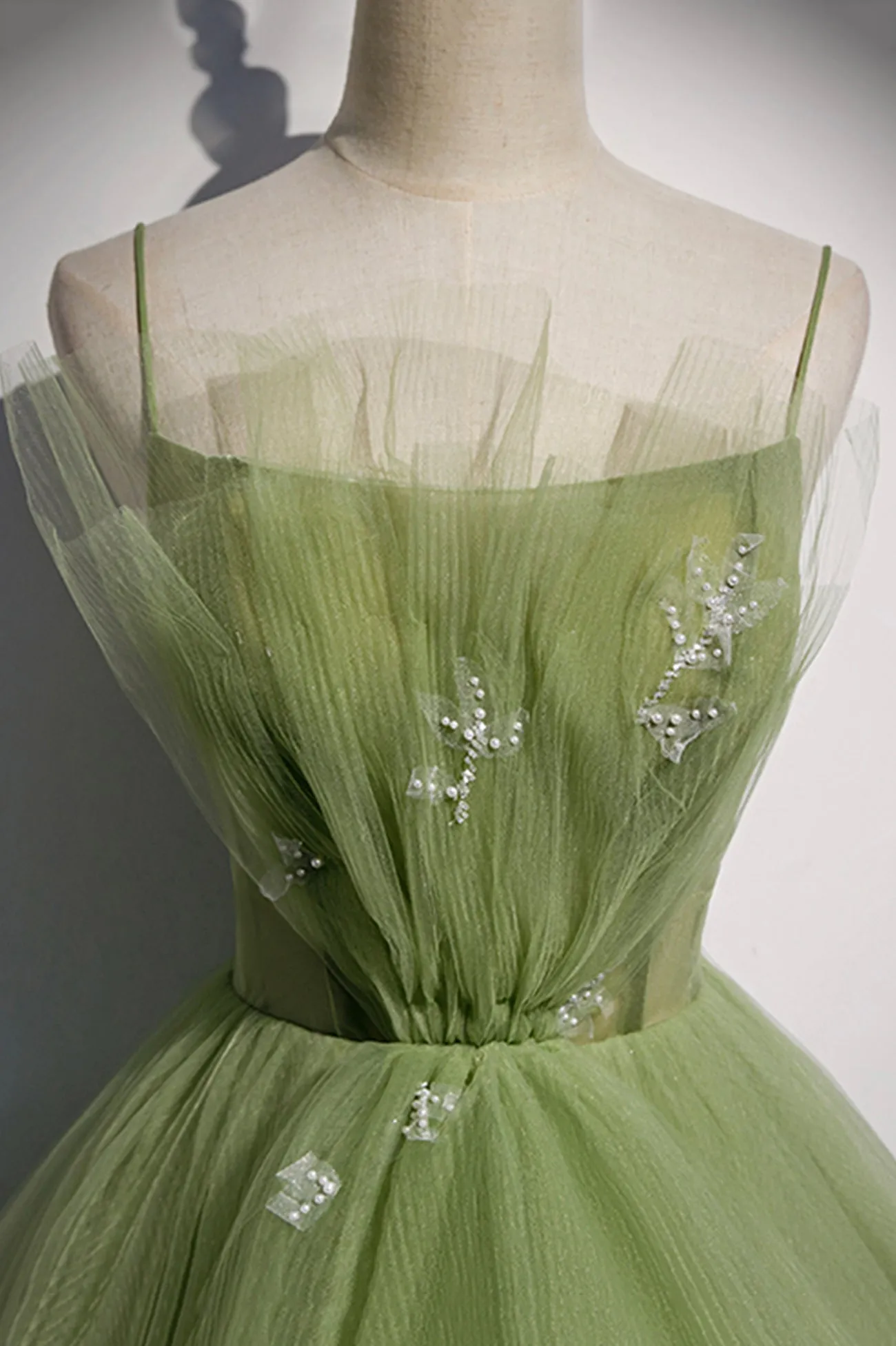 Green Tulle Long A-Line Prom Dresses Green Spaghetti Straps Evening Dresses