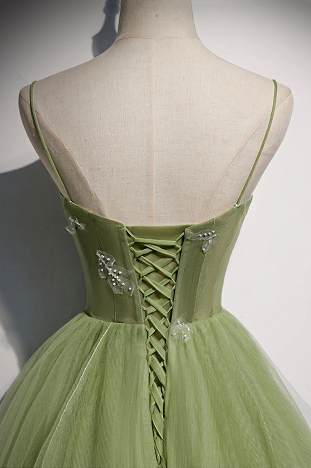 Green Tulle Long A-Line Prom Dresses Green Spaghetti Straps Evening Dresses