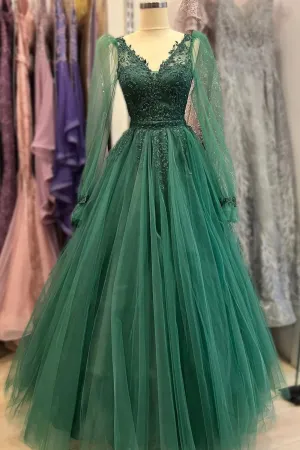 Green V-Neck Tulle Long Prom Dresses A-Line Long Sleeve Evening Dresses