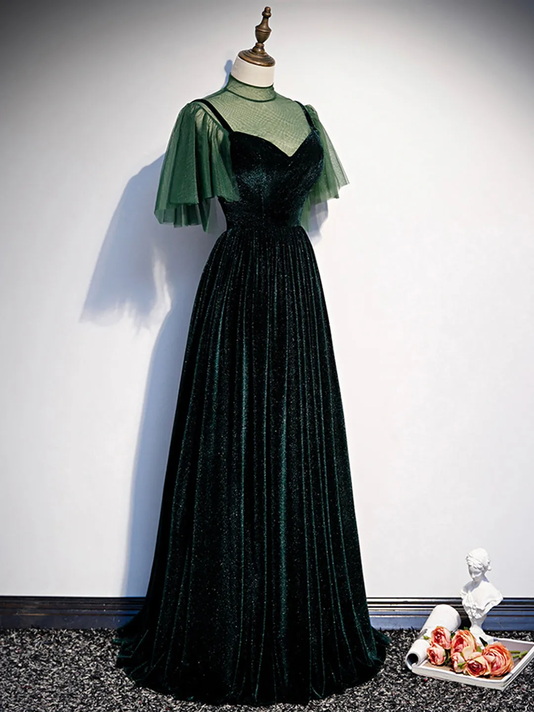 Green Velvet Long Prom Dress Elegant A-Line Green Evening Dress