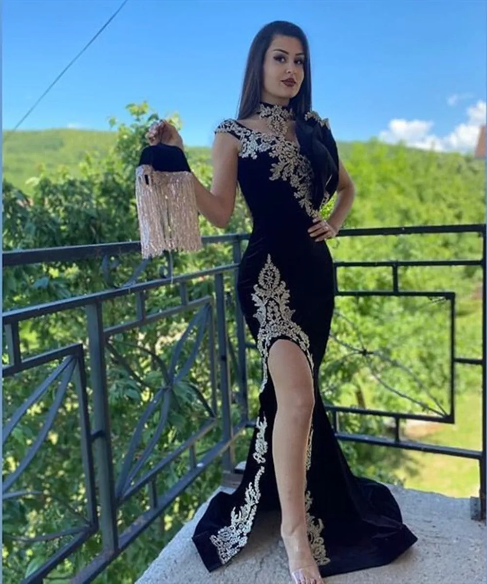 Halter Velvet Mermaid Evening Gown Side Split Prom Dress
