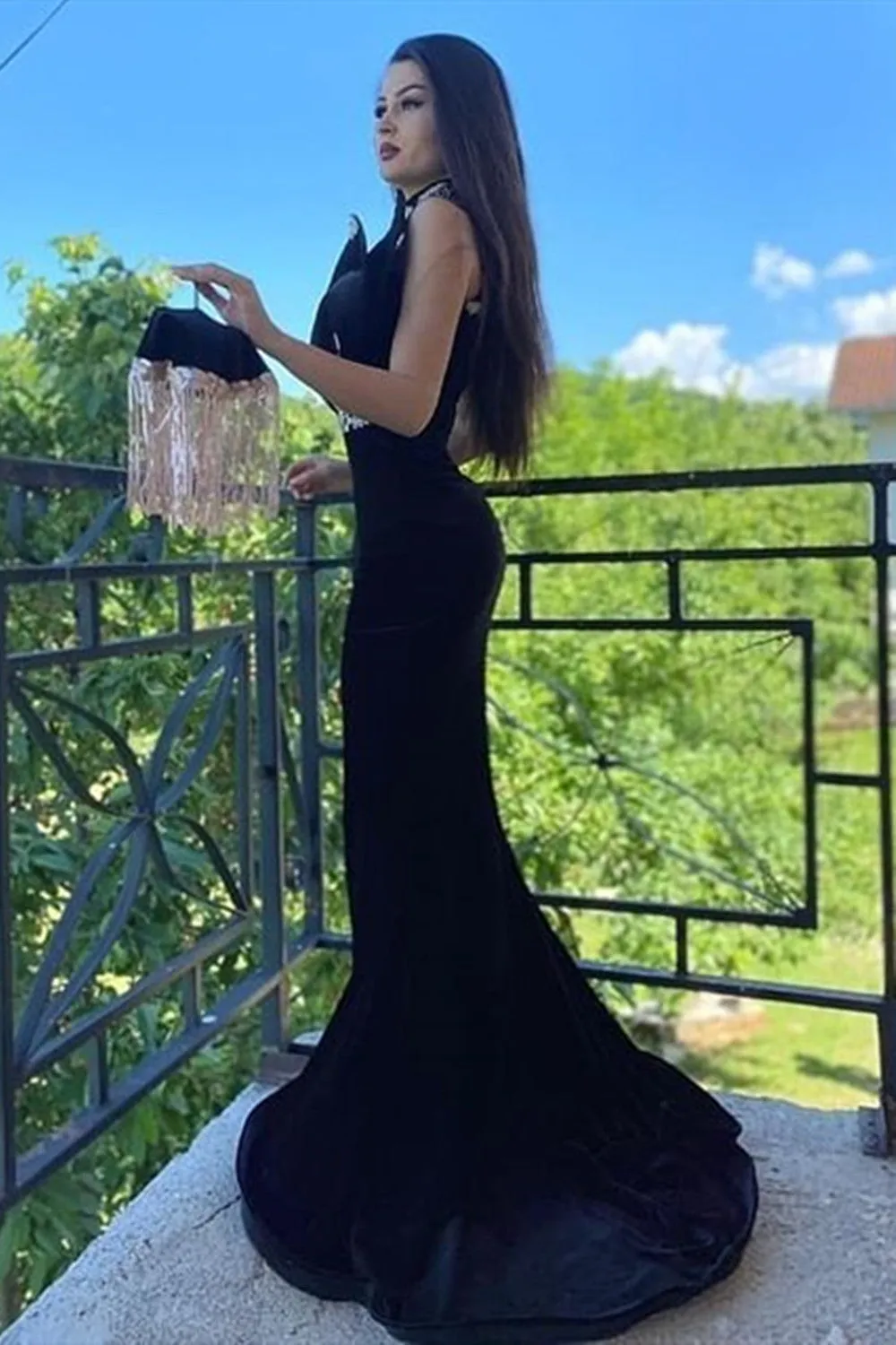 Halter Velvet Mermaid Evening Gown Side Split Prom Dress