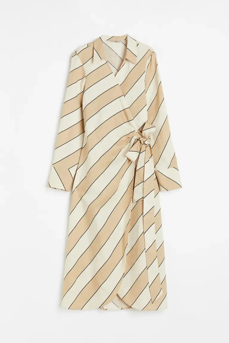 H&M Linen Blend Wrap Dress, Beige/Diagonal Stripes