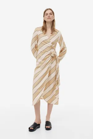 H&M Linen Blend Wrap Dress, Beige/Diagonal Stripes
