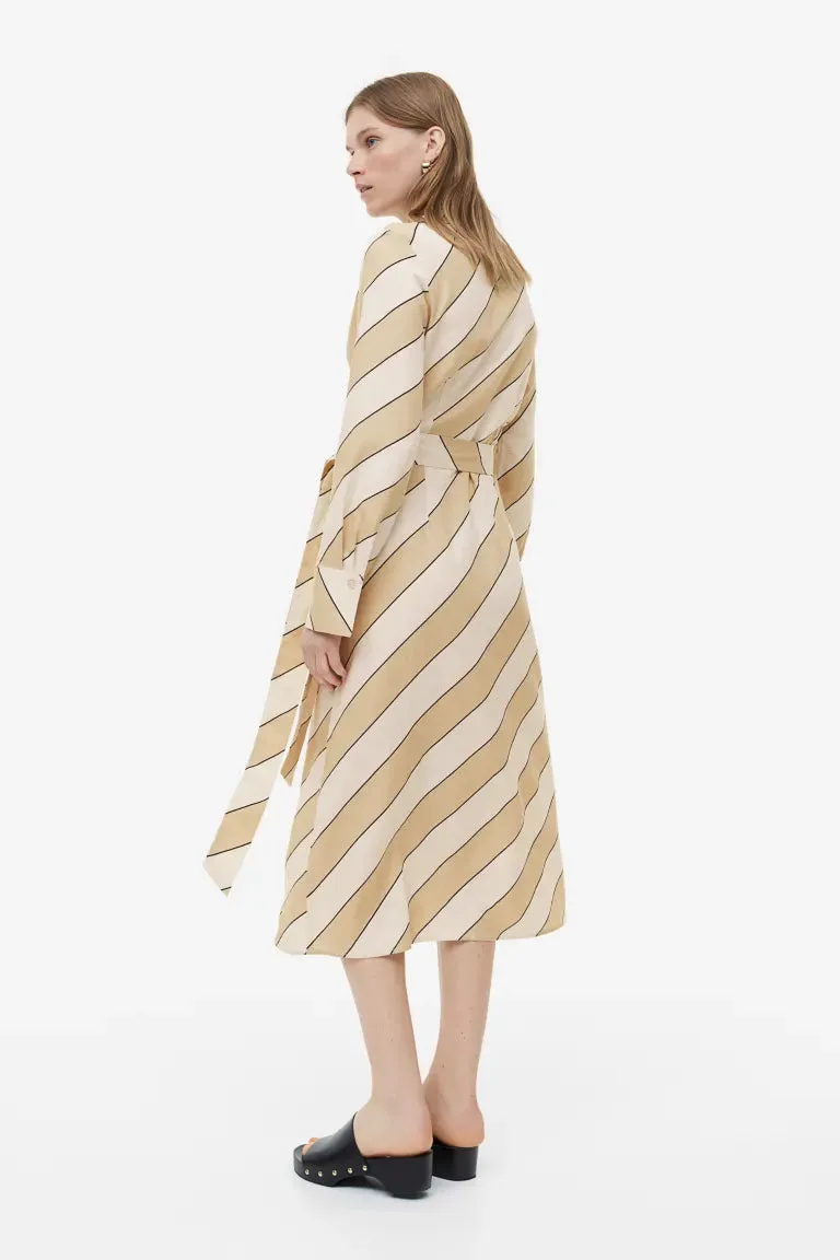 H&M Linen Blend Wrap Dress, Beige/Diagonal Stripes