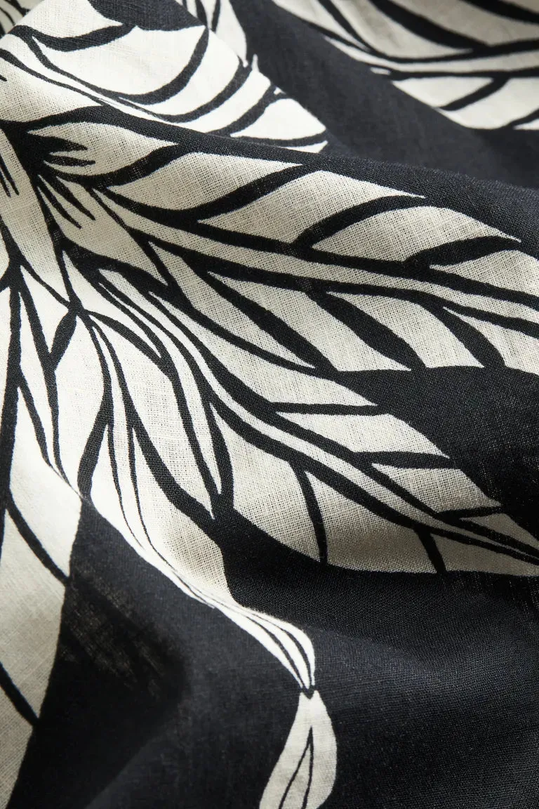H&M Linen Blend Wrap Dress, Black/Palms