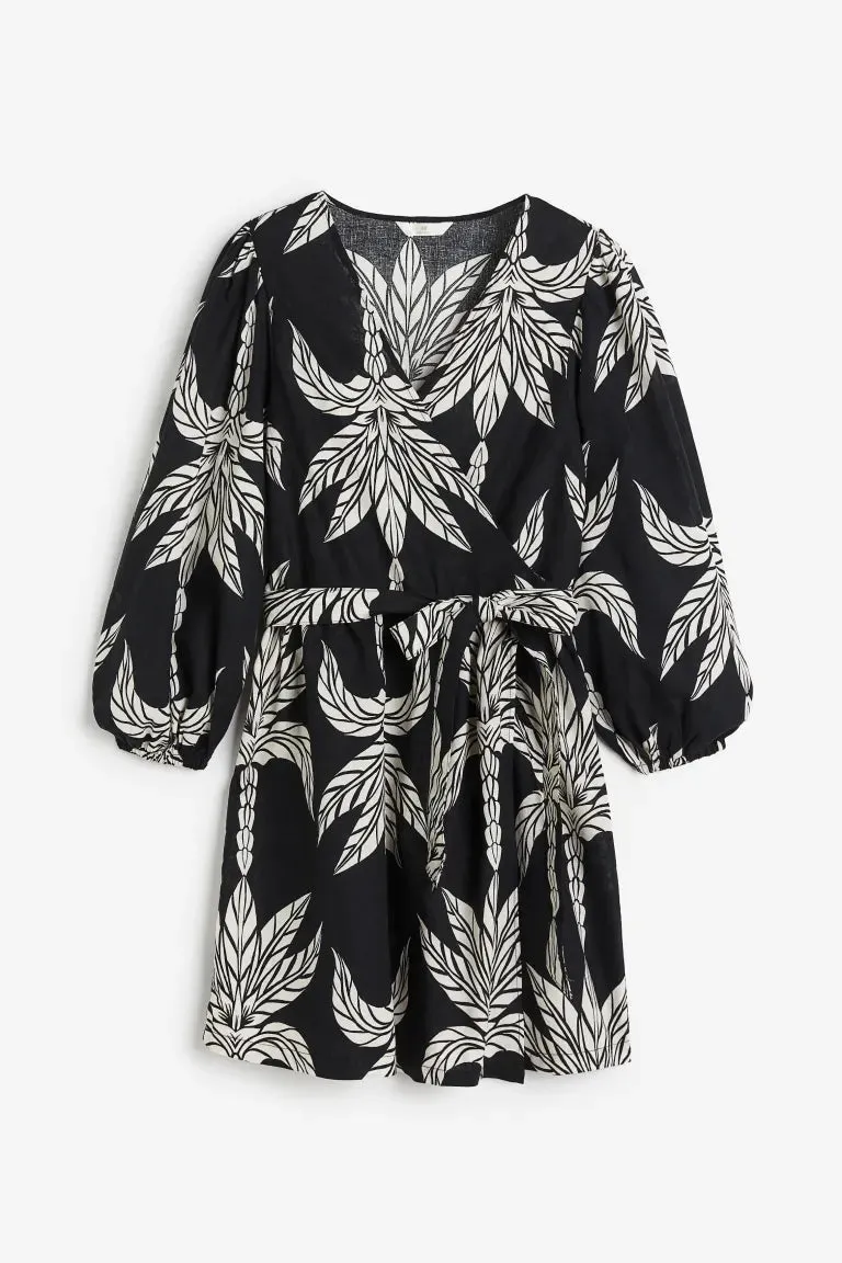 H&M Linen Blend Wrap Dress, Black/Palms