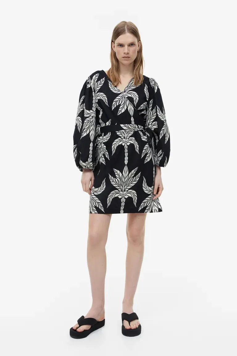 H&M Linen Blend Wrap Dress, Black/Palms