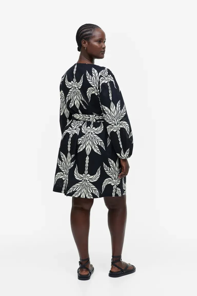 H&M Linen Blend Wrap Dress, Black/Palms