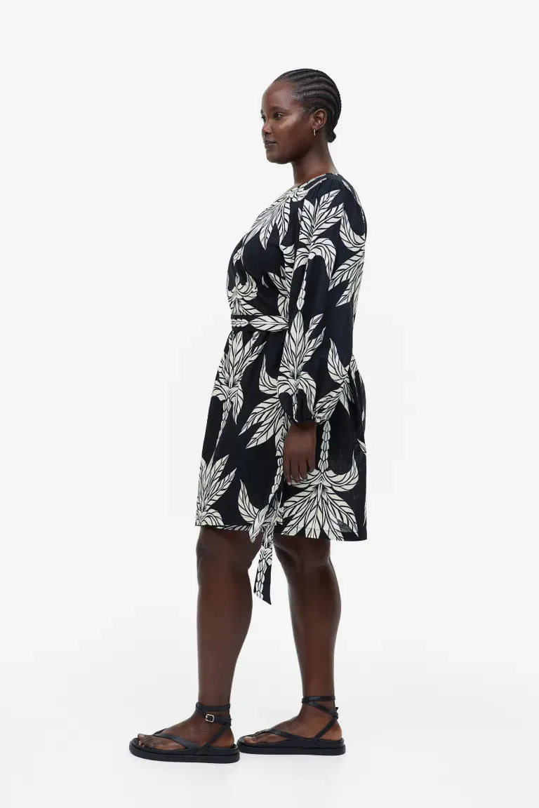 H&M Linen Blend Wrap Dress, Black/Palms