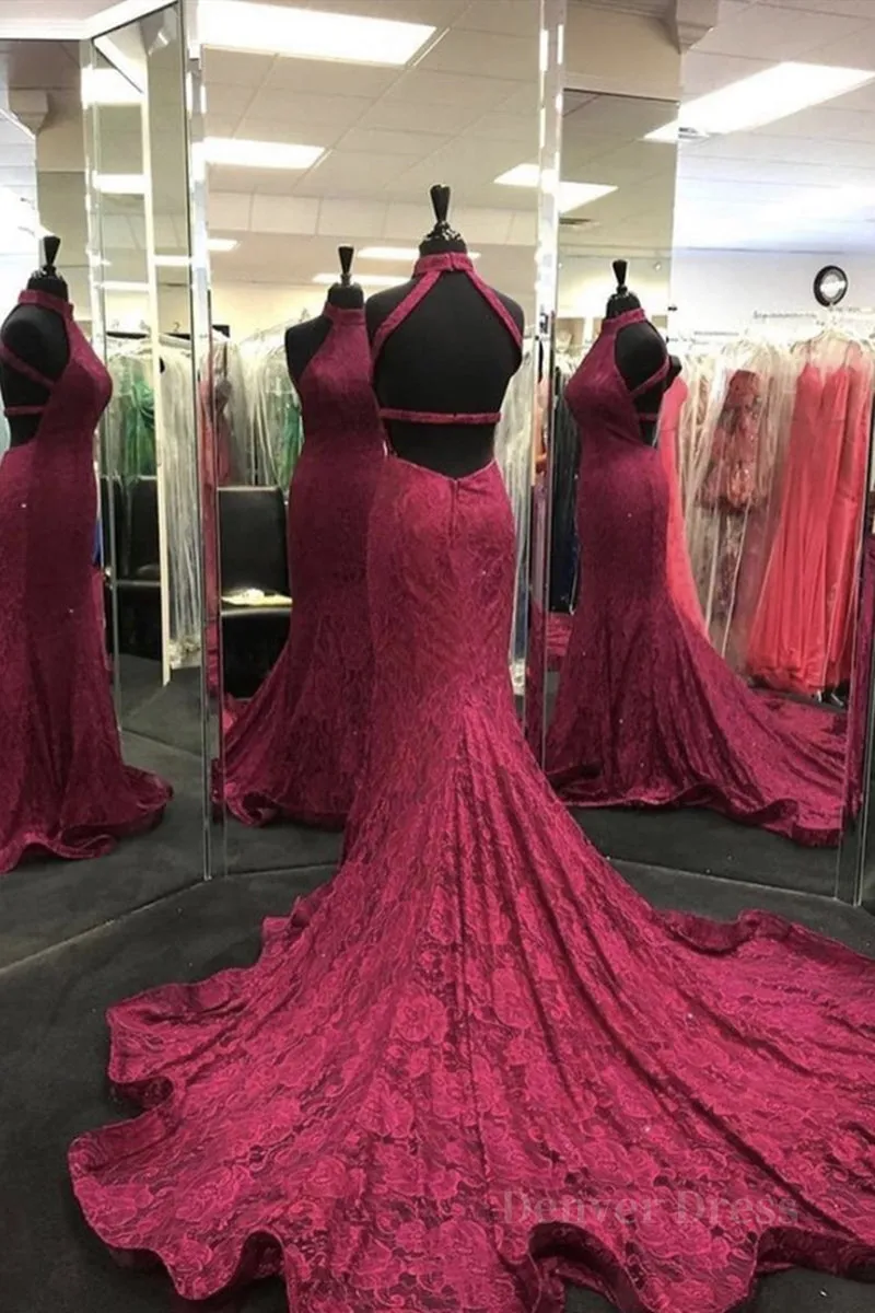 High Neck Backless Burgundy Lace long Prom Dress Long Burgundy Lace Formal Evening Dress Burgundy Ball Gown