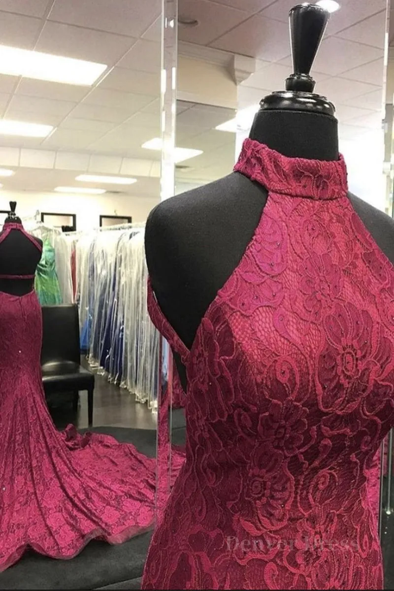 High Neck Backless Burgundy Lace long Prom Dress Long Burgundy Lace Formal Evening Dress Burgundy Ball Gown