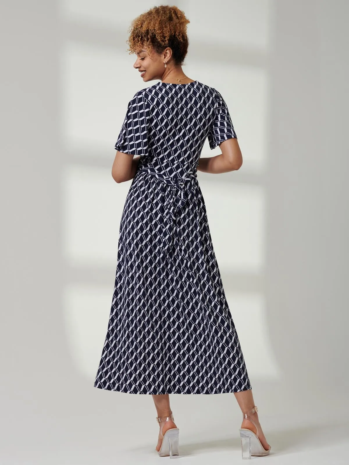 Jaylynn Flare Sleeve Jersey Maxi Dress, Navy Geo