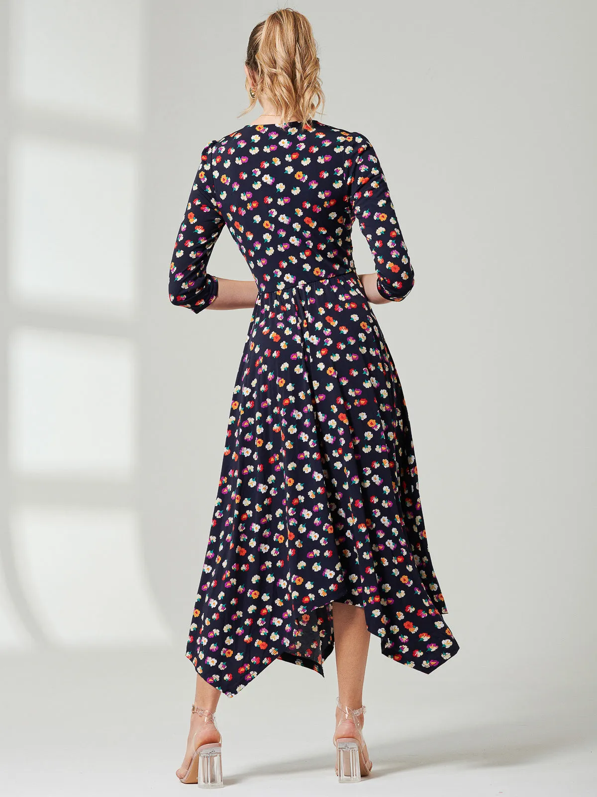 Jolie Moi Knot Front Hanky Hem Dress, Navy Floral
