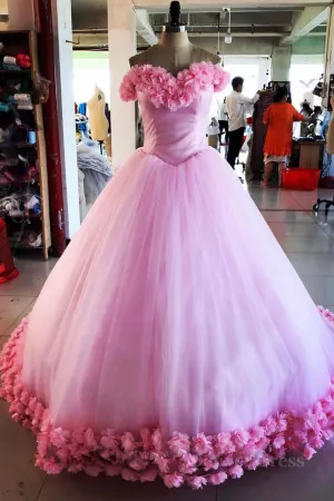 kamahe Pink tulle 3d flower tulle long prom gown, pink tulle evening dress